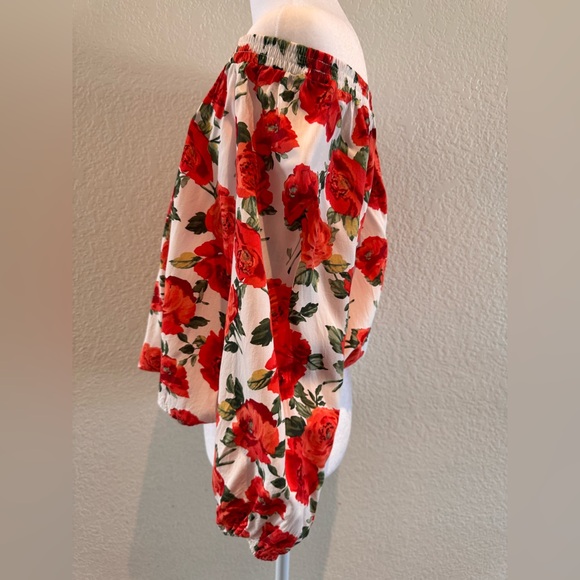 Forever 21 Rose Floral Print Off-the-Shoulder Flowy Top – White/Red – Size S/M - Picture 4 of 16